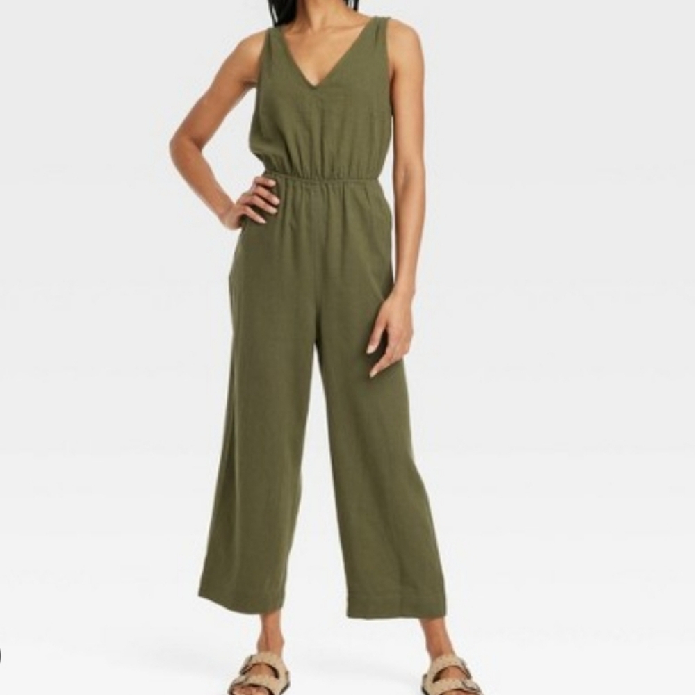 Universal thread V-neck linen jumpsuit in olive
